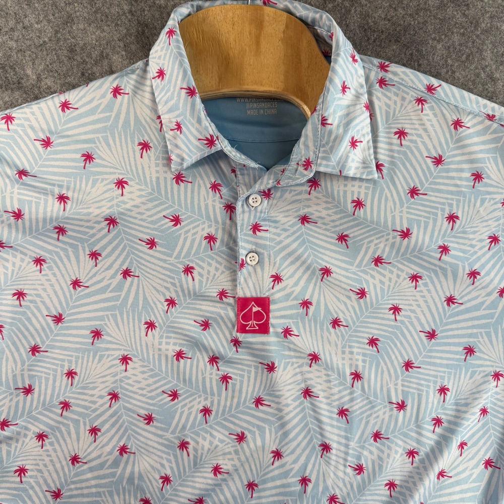 Pins & Aces Polo Shirt Men XXL Blue Pink Tropical Palm Tree Performance Golf Tee - Picture 2 of 13